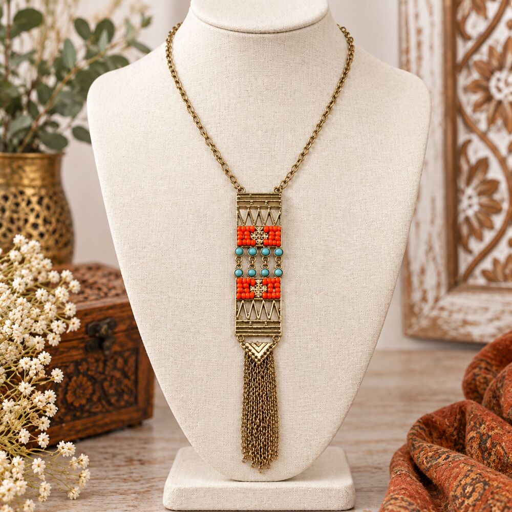 Boho Ethnic Orange Beaded Tassel Pendant Necklace Turquoise Gold Tone Jewelry